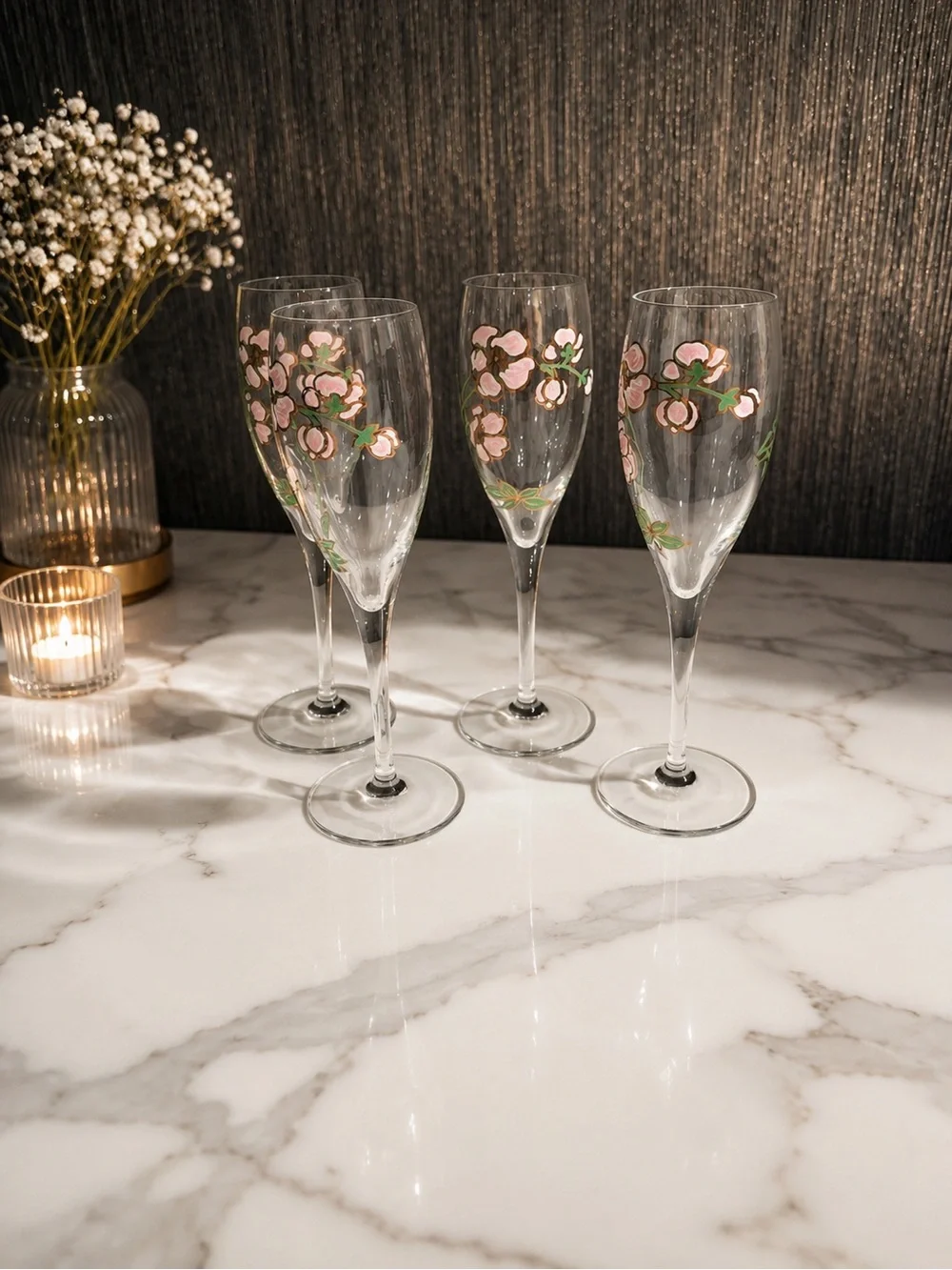 Hand-Painted Pink Blossom Champagne Flutes - Set of 4 - Picture 1 of 1